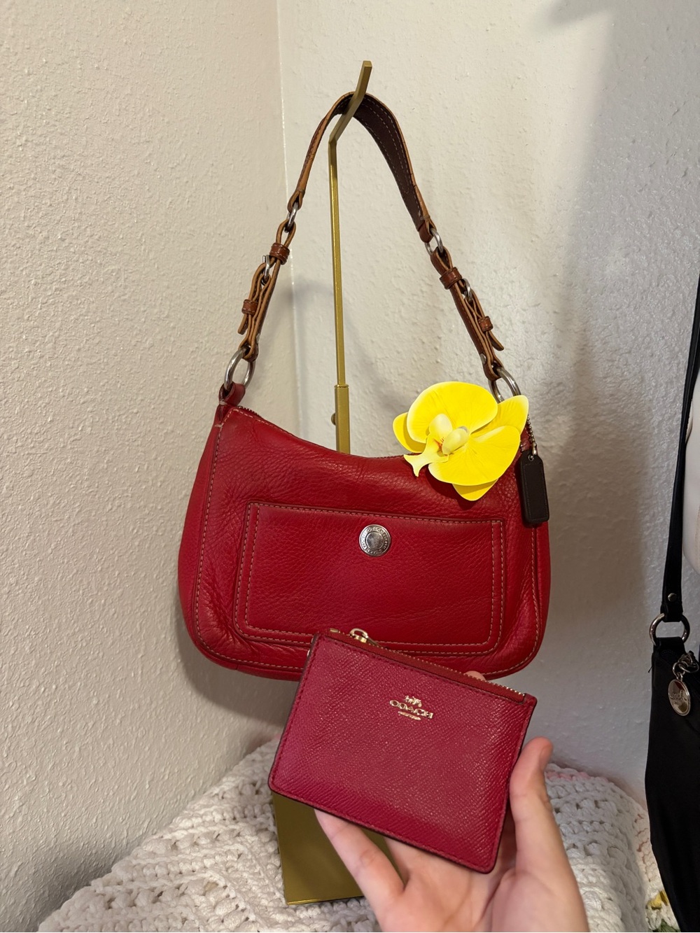 Coach Red Leather Shoulder Bag with Brown Strap and Matching Red Wallet
